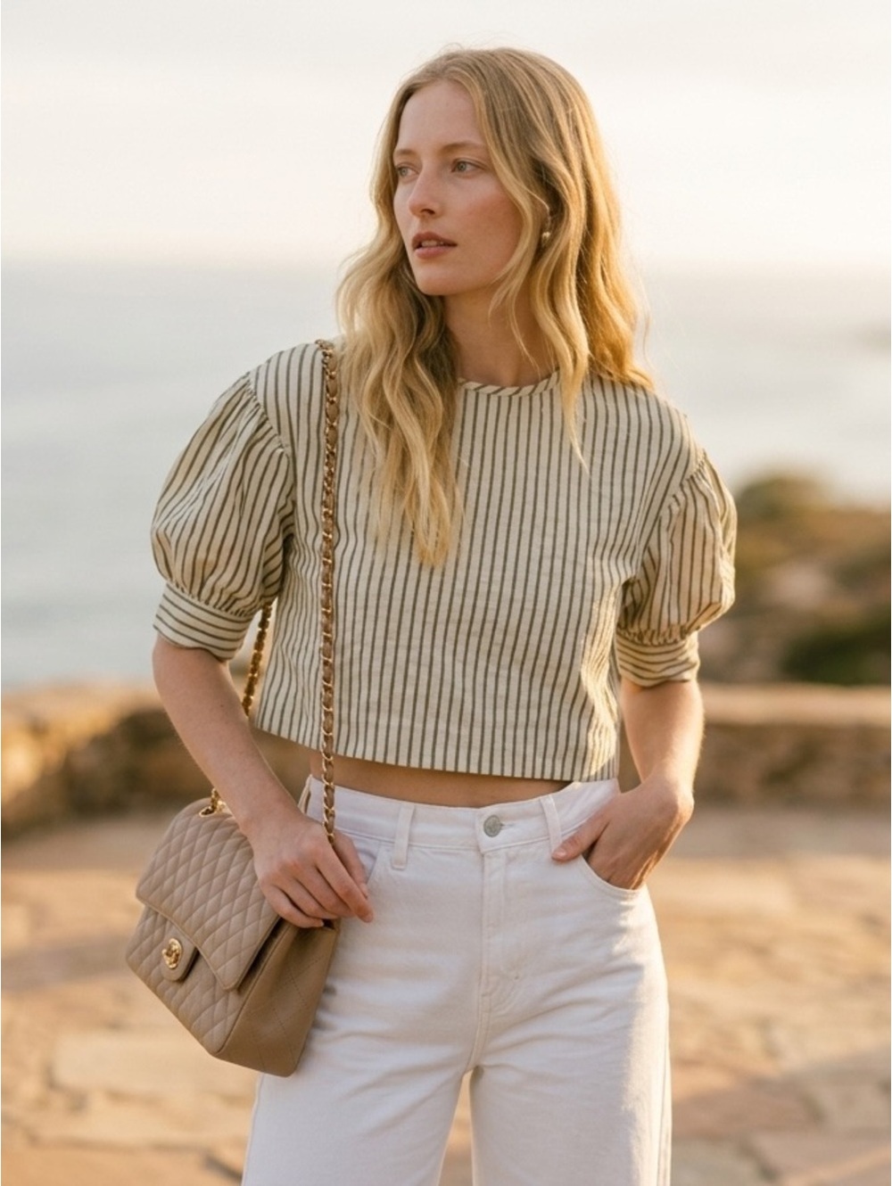 Tuckernuck Blue Linen Stripe Puff Sleeve Edie Top